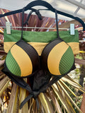 Deep-green bikini set with gold and black accents