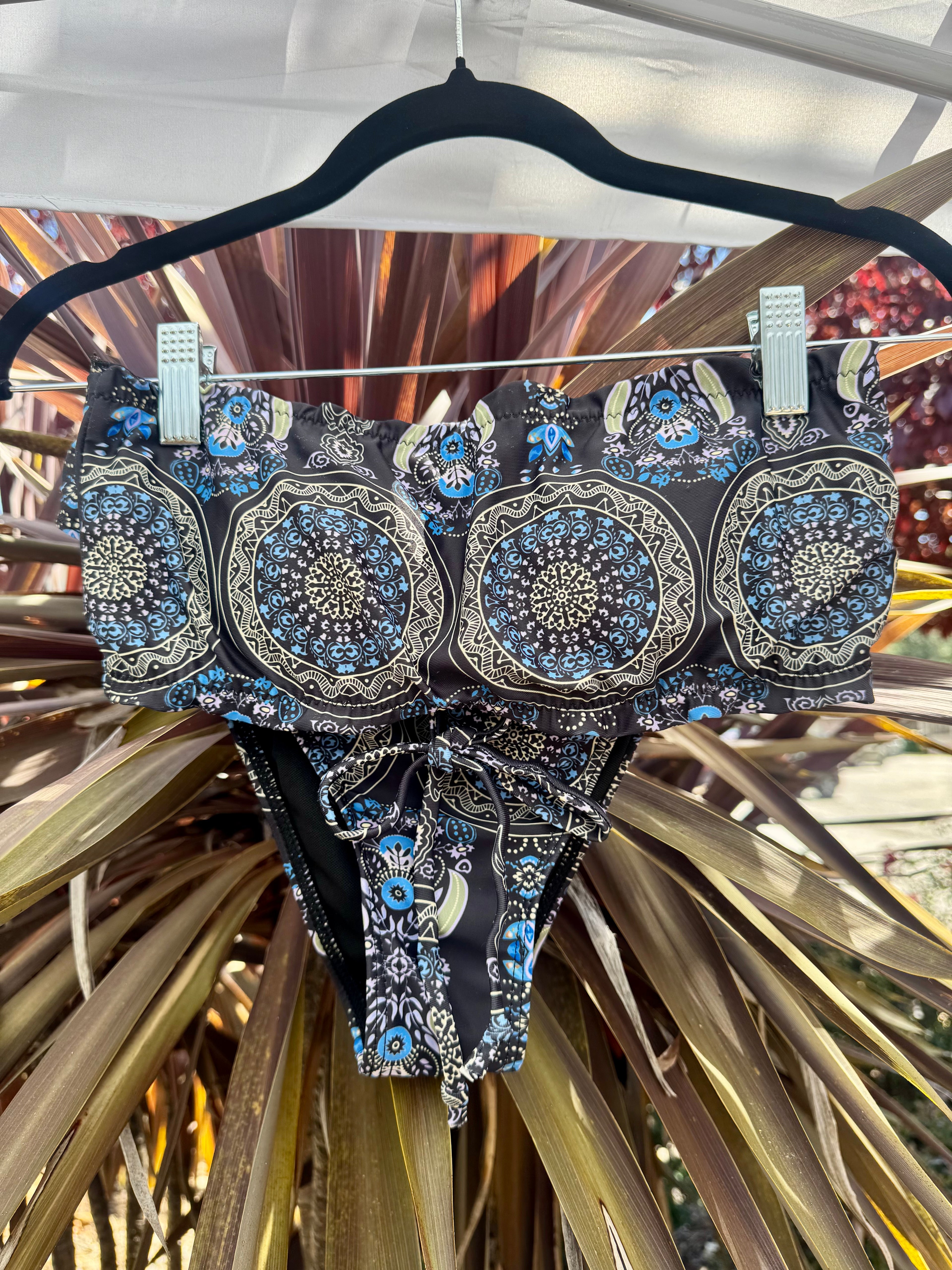 Navy, tan and blue mandala print two-piece swimsuit