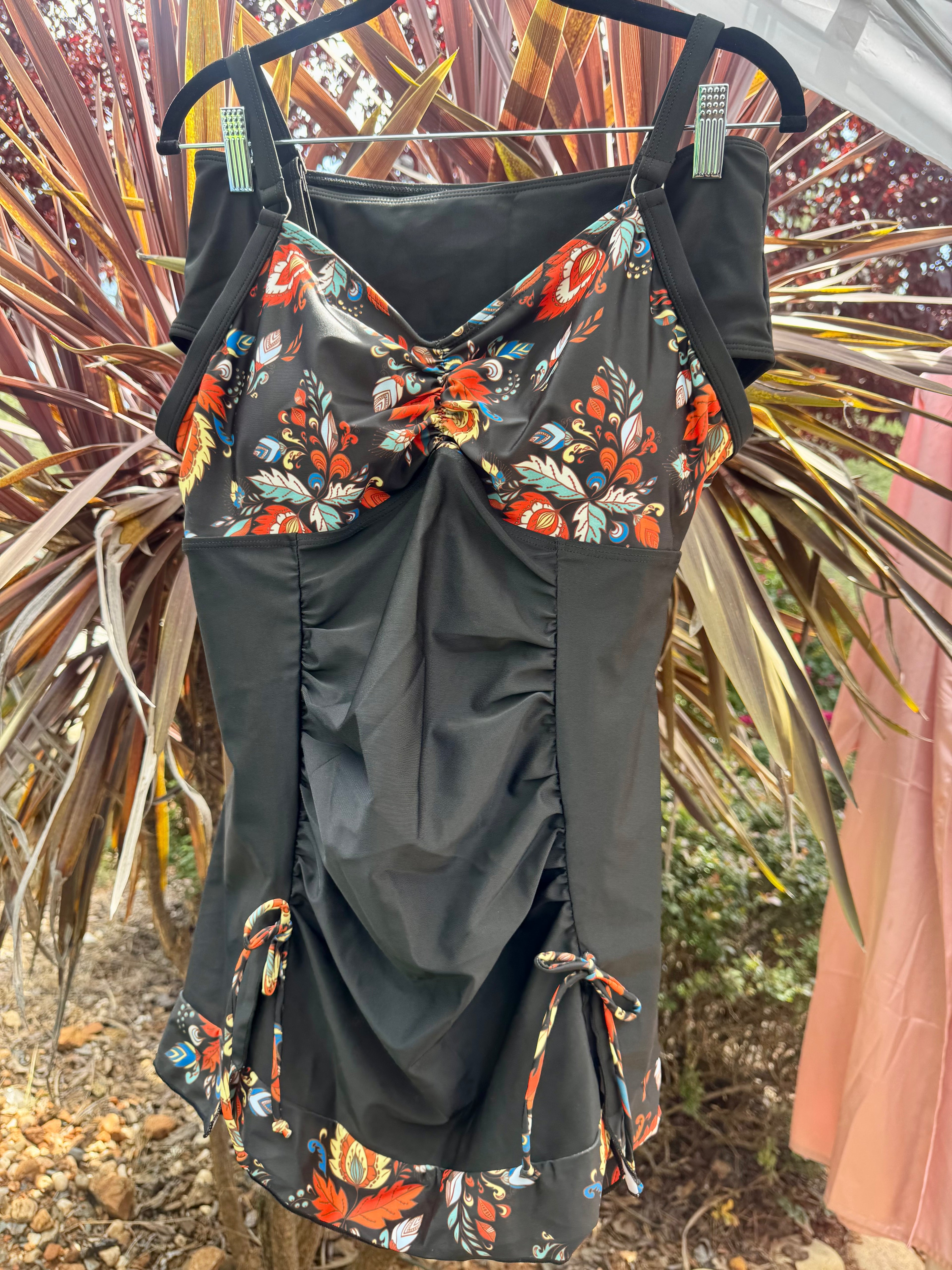 Vintage-inspired black floral swimsuit set