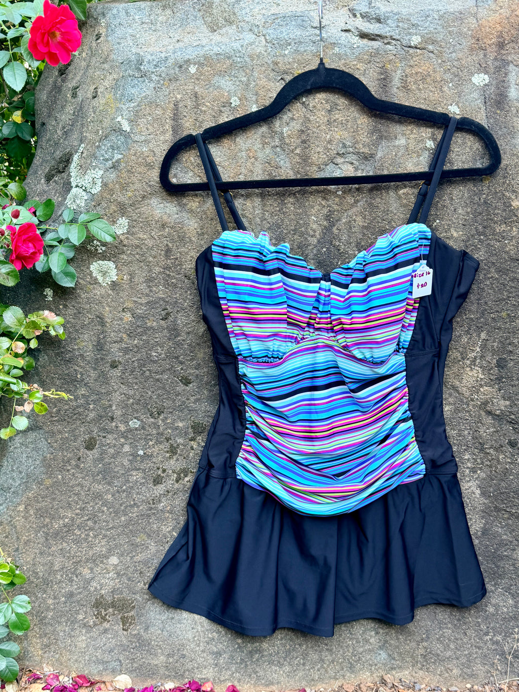 Multicolored one-piece swimsuit w attached skirt