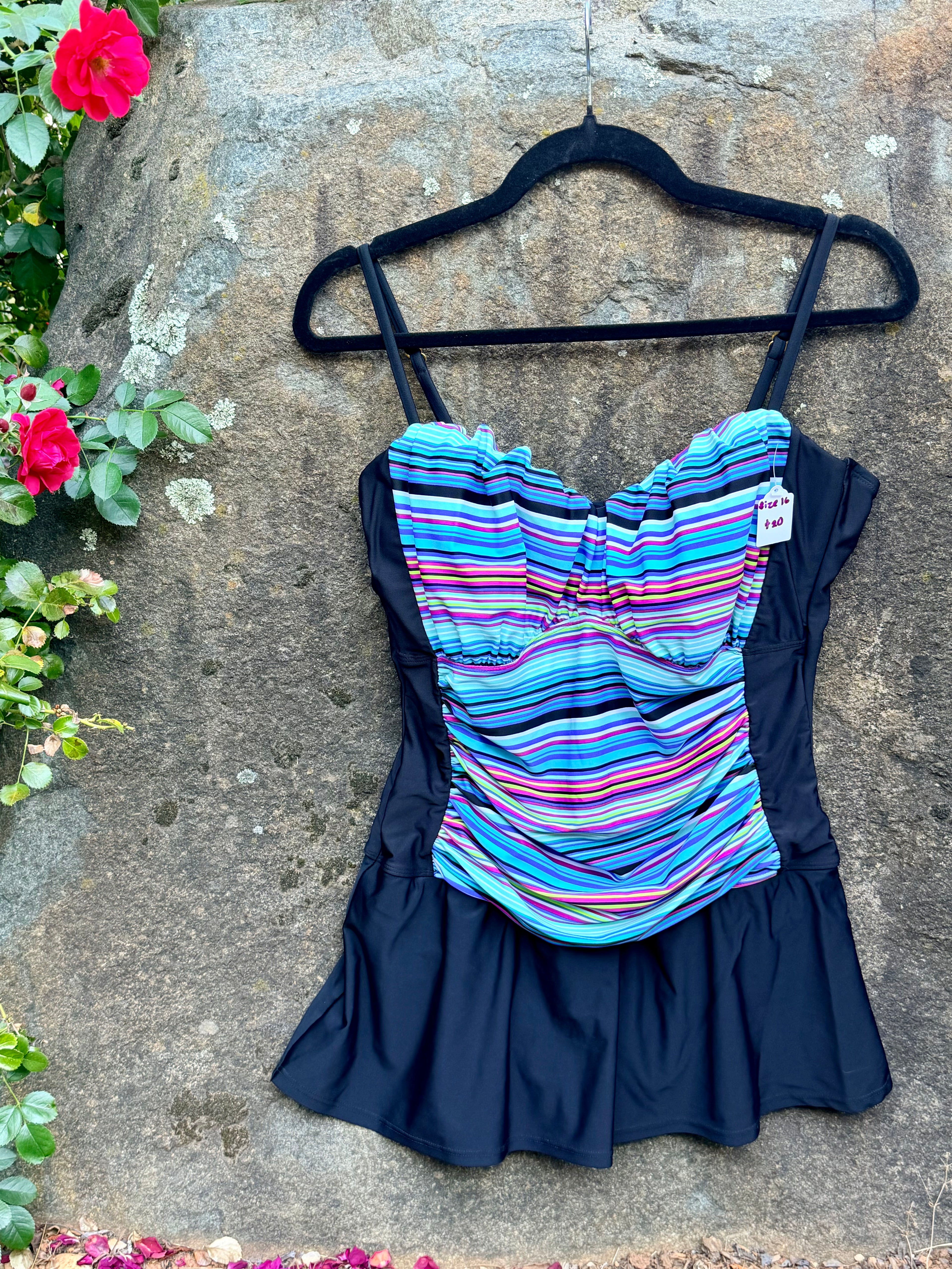 Multicolored one-piece swimsuit w attached skirt