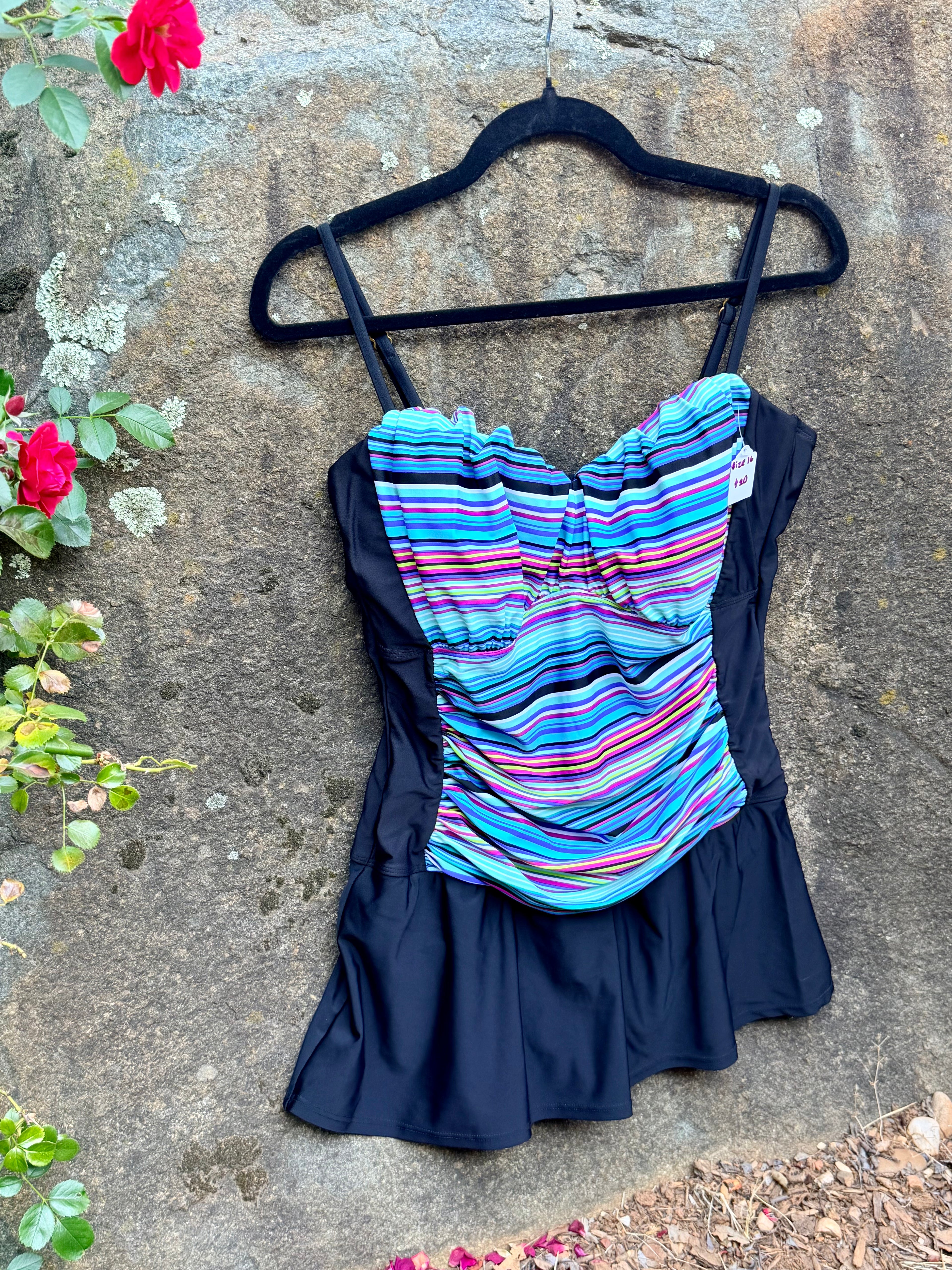Multicolored one-piece swimsuit w attached skirt